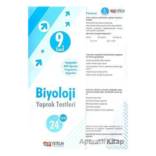 9.Sınıf Müfredat Öncesi Biyoloji Yaprak Test Nitelik Yayınları