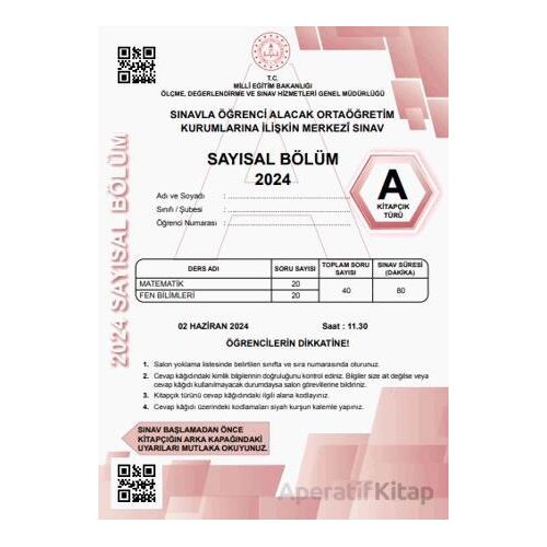 2024 LGS Tıpkıbasım Sayısal Bölüm A Kitapçık Türü - Kolektif - Evrensel İletişim Yayınları